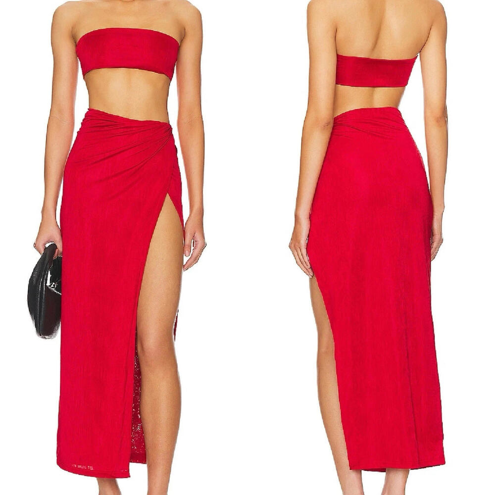 superdown Red Strapless Bandeau Top and High-Slit Maxi Skirt Set